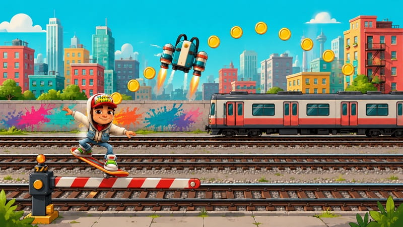 מסילות רכבת עירוניות עם הדמות הראשית של סאבווי סרף עם ג'טפק ומטבעות מרחפים