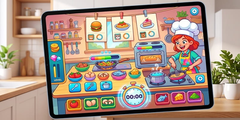 ממשק משחק בישול אונליין עם טיימר ותפריט הזמנות
