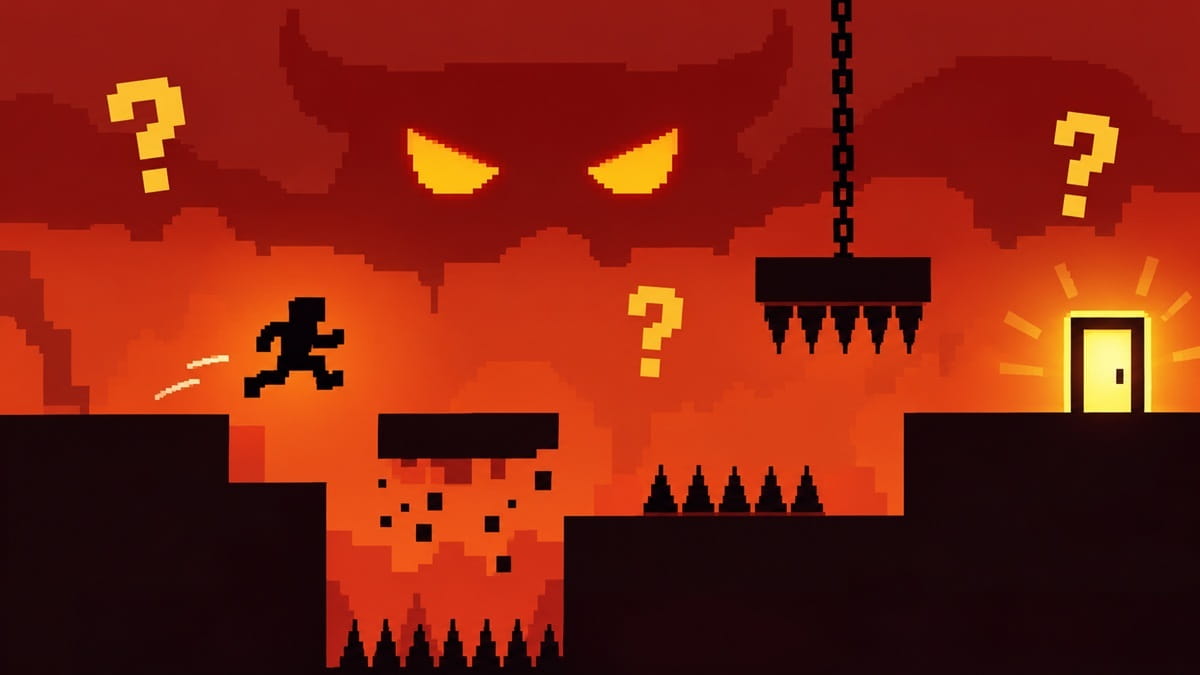 Level Devil: דמות קופצת בין פלטפורמות ומתחמקת ממלכודות בדרך לדלת היציאה