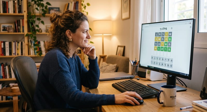 משחקת במשחק ניחוש מילים בסגנון וורדל אישה יושבת מול מחשב בסביבה ביתית, מחייכת ומהרהרת בעודה משחקת במשחק ניחוש מילים בסגנון וורדל.